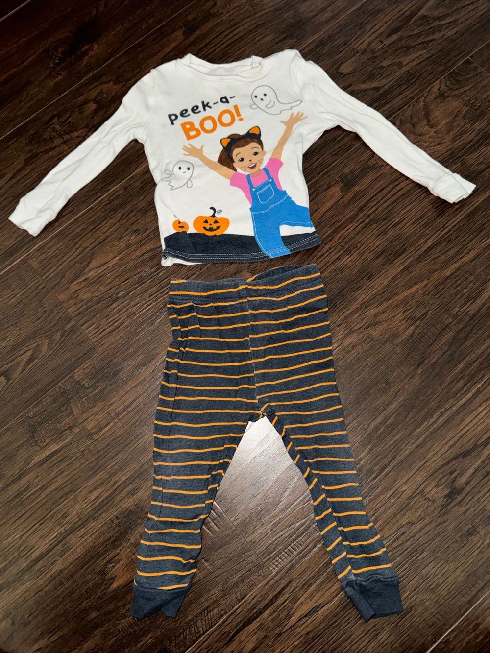Ms Rachel Halloween Peek-a-Boo PJ Set - White Top & Black/Orange Stripes